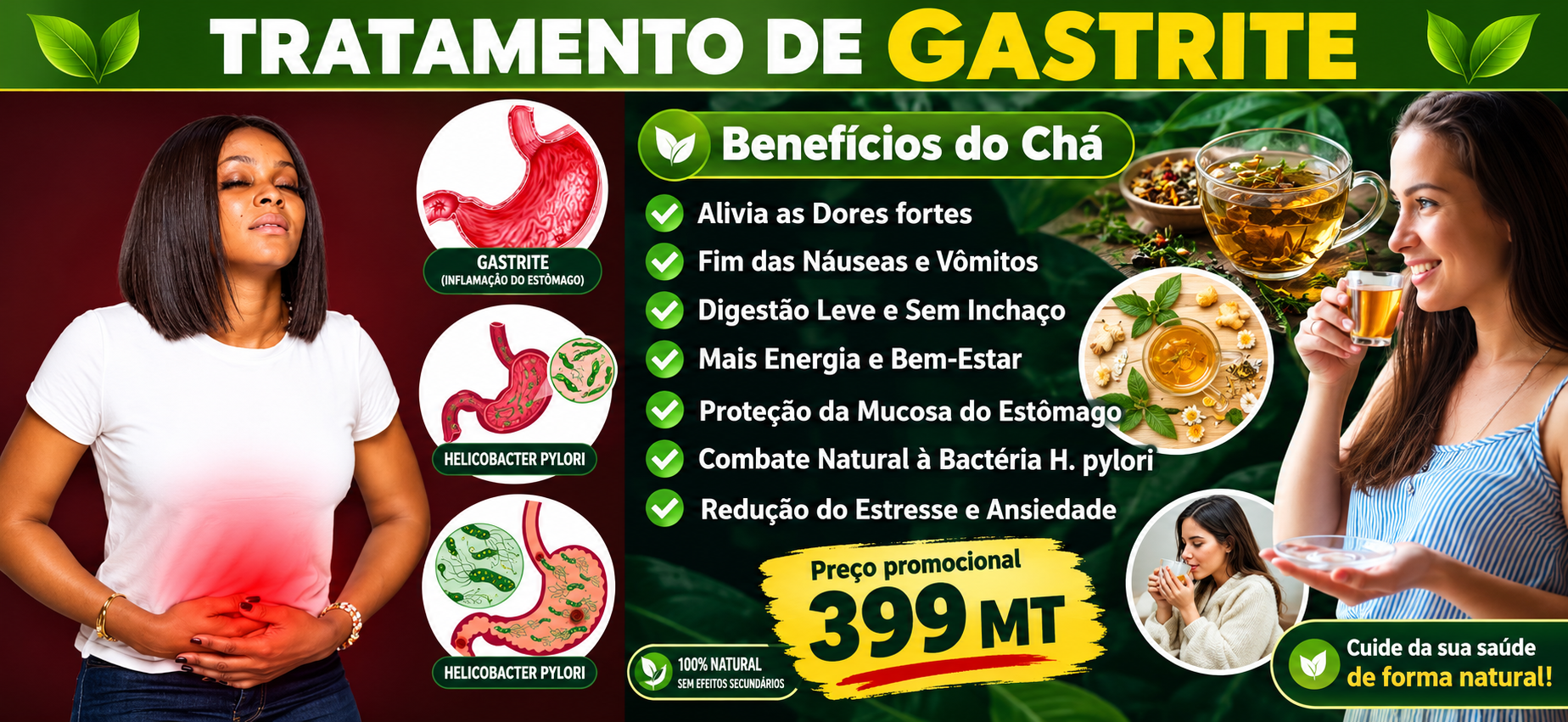 Apresentação visual dos benefícios comunicados para o chá